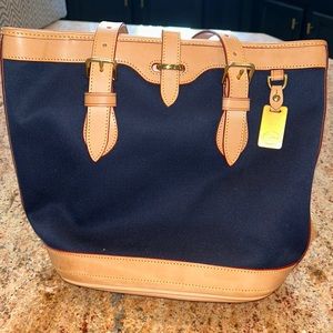 DOONEY & BOURKE Medium Purse | Canvas Navy, Camel Color Leather | Gold Hardware.